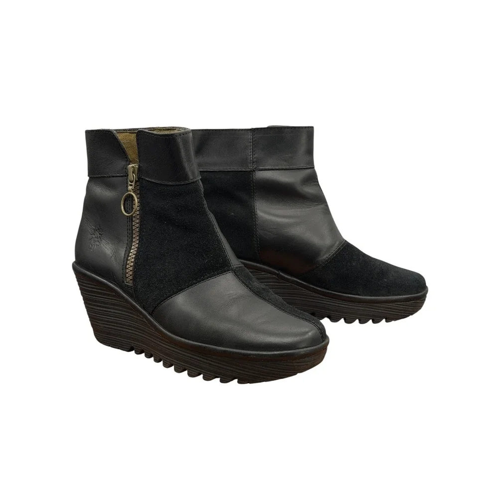 Fly London Wedge Ankle Checker Boot Women SZ 36 5.5 Black Leather Suede Comfort